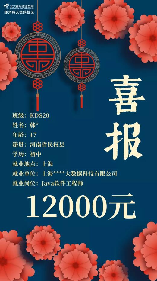 鄭州北大青鳥翔天信鴿10月份學(xué)員就業(yè)喜報(bào)