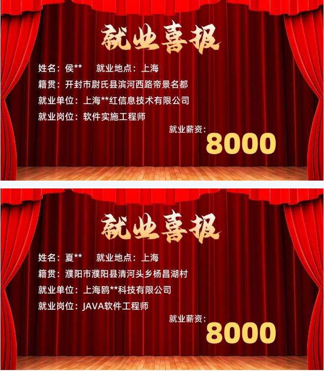 鄭州北大青鳥翔天信鴿校區(qū)畢業(yè)學生上周就業(yè)喜報!